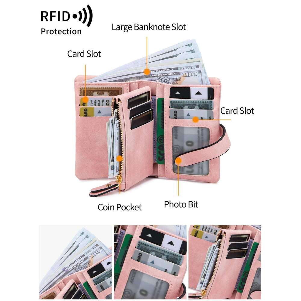 MIYIN Classic Women's Trifold Wallet SmallRFID Blocking Compact Credit Card Holder with ID Window and Wristband Short Coin Purse Z260130