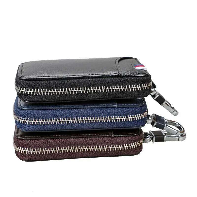 Cowhide Car Key Bag with Waist Hanging Keychain Men and Women Card Holder Smart Housekeeper Keys Portable Storage Zipper Pouch Z260130