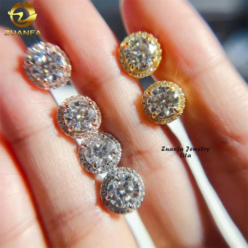 Fashion Jewlery Iced Out Halo Design 1ct Center Stone Silver Stud Moissanite Earrings