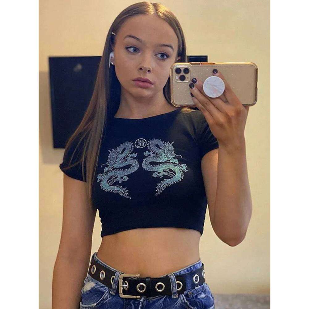 Fashion 2026 Women Short Sleeve Dragon Print T-Shirt Summer Fashion Crop Top For Shopping Daily Wear Designer