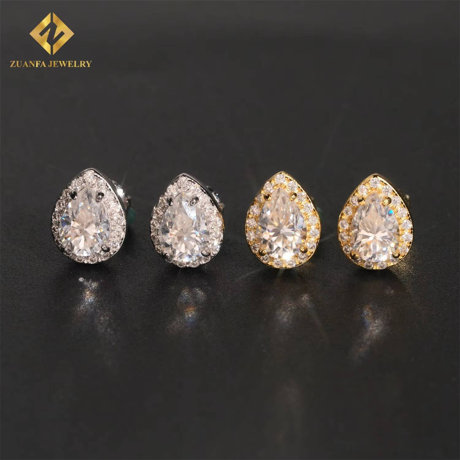 Factory Wholesale Pear Cut Halo Stud Earrings 925 Sterling Silver VVS Moissanite White Gold Plated Screw Back Ear Studs