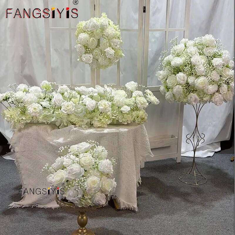 Luxury Babys breath White Rose Wedding 5D Floral Runner Arrangement Event Table Centerpieces Ball Fabric Gypsophila Flower Wall Y260130