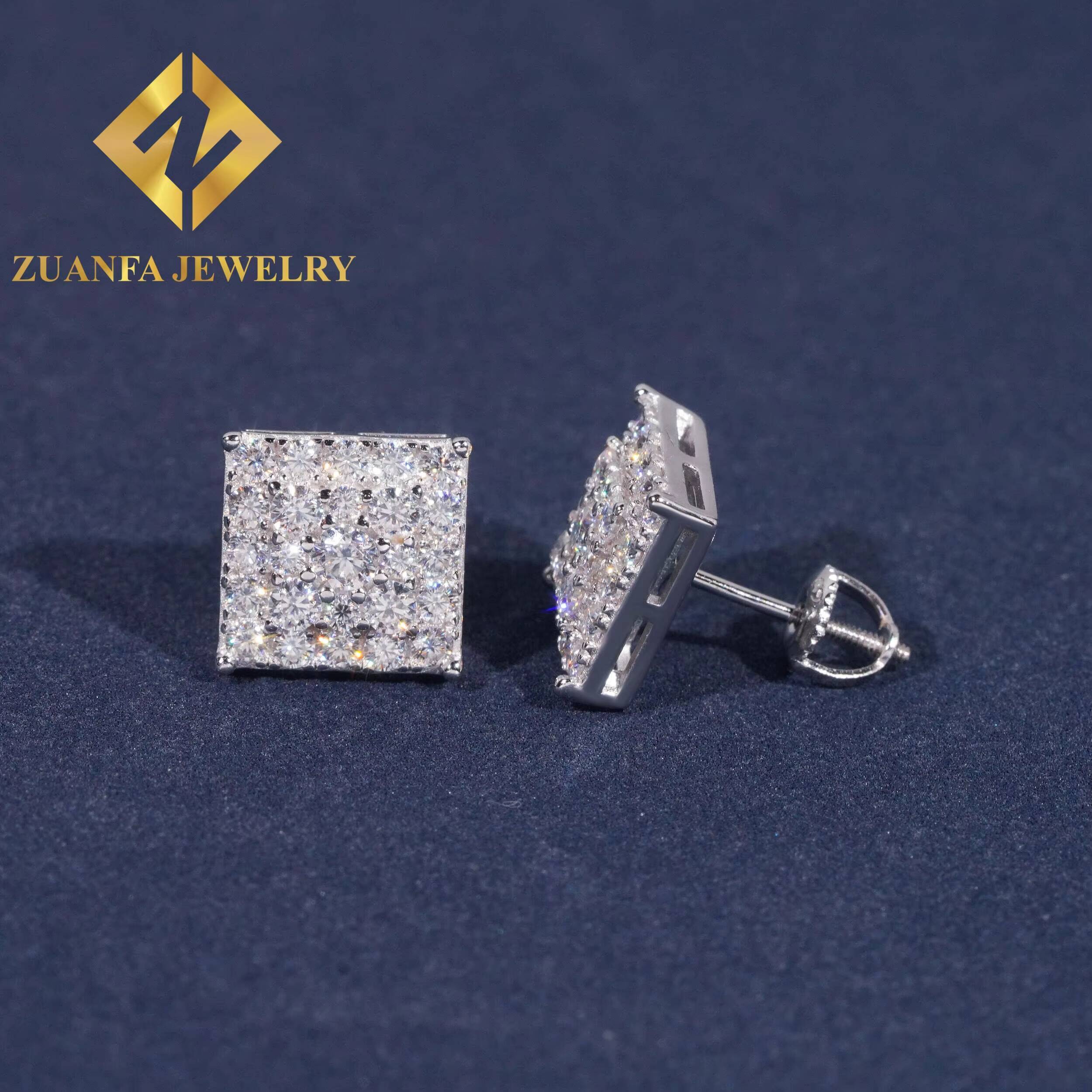 Fashionable Luxurious Square Shape Stud Earring 925 Sterling Silver VVS Moissanite Stud Earring for Men