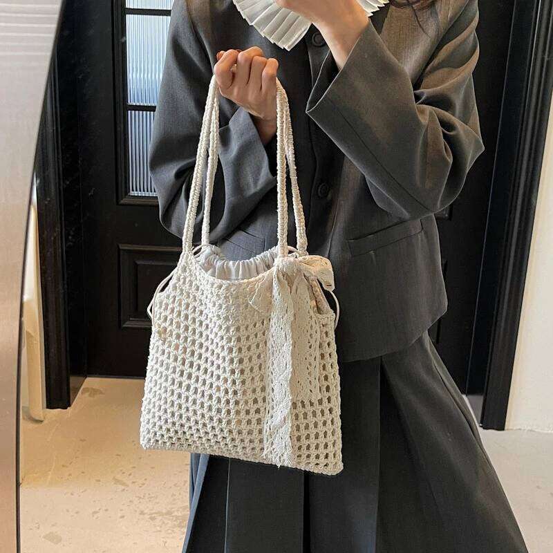 Crochet Lace Bow Tote for Women Summer Beach Handbag Large Capacity Hollow Out Knitted Bags Bohemian Woven Shoulder Bag Z260130