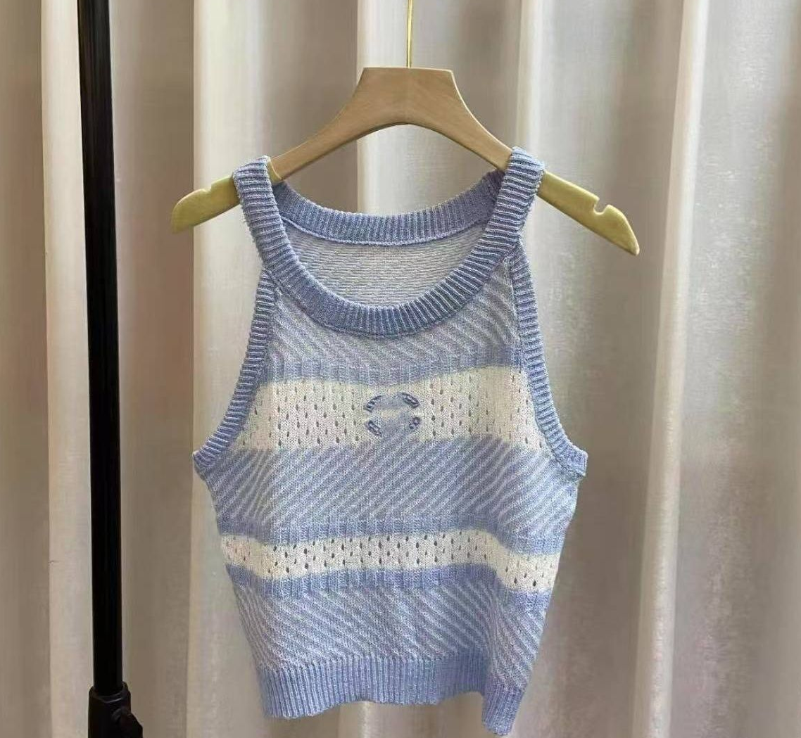 Women new halter neck stripe knitted logo embroidery slim waist designer tanks camis SMLXL