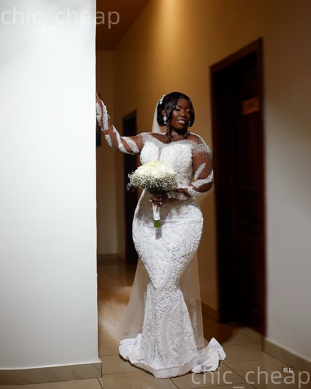 African Aso Ebi 2026 Ivory Mermaid Wedding Dress Beaded Appliques Sheer Neck Sequined Full Sleeves Vintage Charming Bridal Gowns Dresses ZJ2341