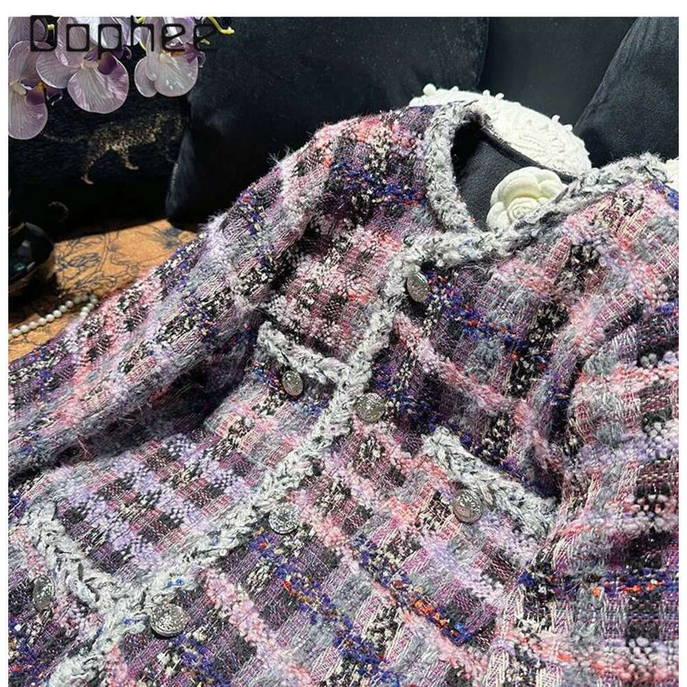 ZHE HAN Korean Ins Trend Single-Breasted Shiny Woolen Loose Short For Women French Style Elegant Socialite Plaid Tweed Coat Female
