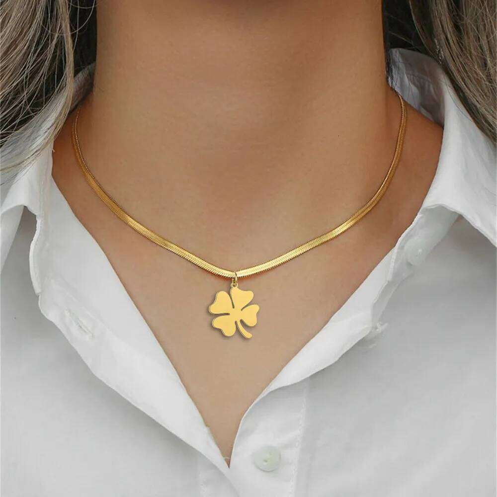 Skyrim Four Leaf Clover Necklace Stainless Steel Gold Color Snake Chain Choker for Women Girls Fashion Jewelry Wholesale
