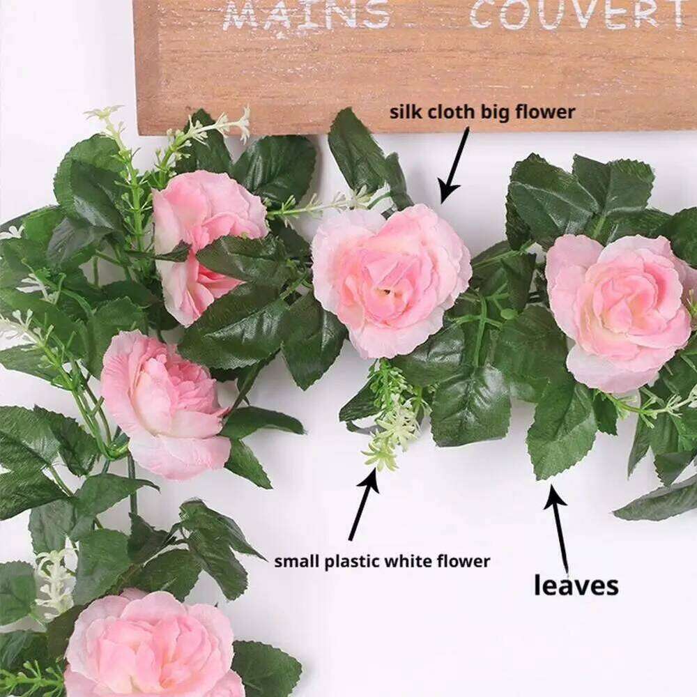 2.2M Artificial Rose Vine with Blooms White pink Faux Floral Hanging Decor for Wedding Indoor Durable Plastic Plant Y260130