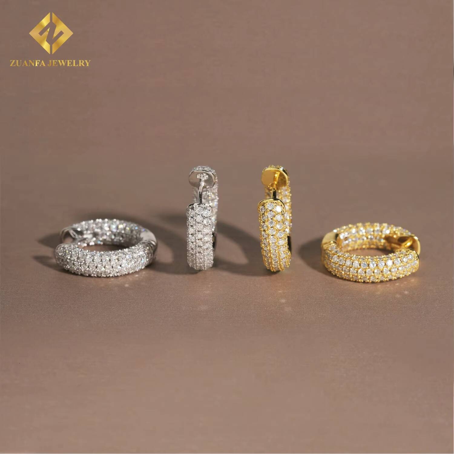 RTS Iced Out 3 Rows VVS Moissanite Diamond Earrings 925 Silver Jewelry Trendy Hip Hop Hoop Earrings Diamonds for Men Women