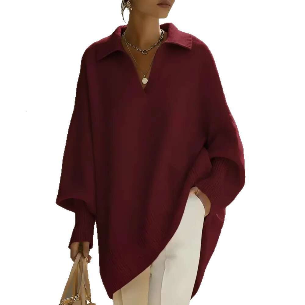 Cross-Border Spring and Autumn New Independent Station Solid Color Long Sleeve Knitted with Turn-Down Collar Loose Lazy Style Outerwear Sweater for Wo