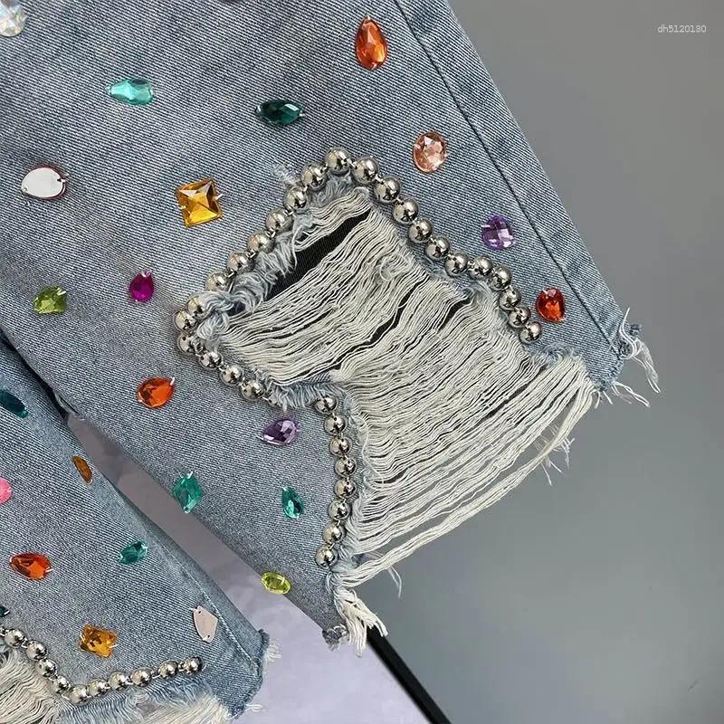 Women's Jeans Colorful Diamond-inlaid Ripped Denim Cropped Trousers Summer High-waist Loose Breeches For Women