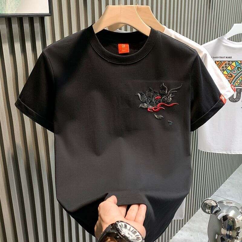 Heavy Industry Kirin Embroidery T-Shirt Large Size Half Loose Short Sleeve National Trend Chinese Style Men's Clothing Luanyun - view 3