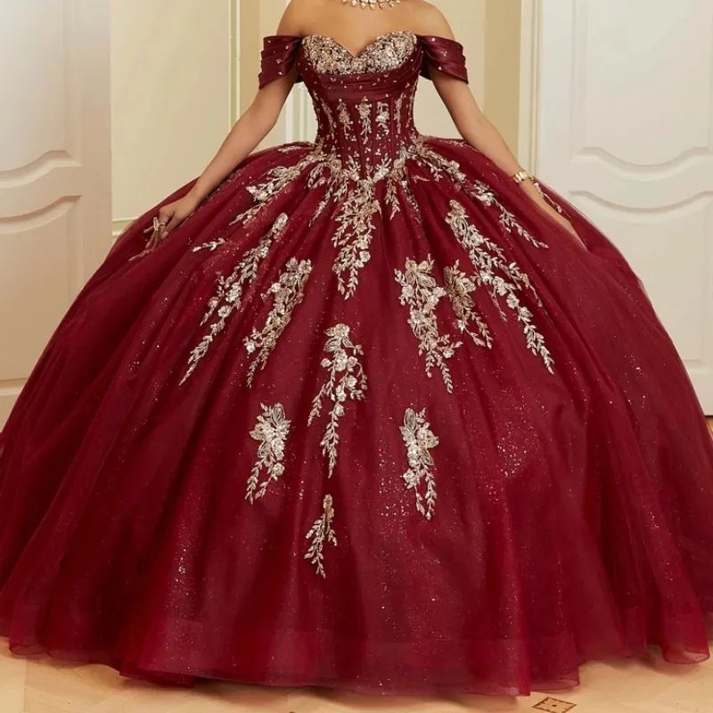 2026 Elegant Burgundy Princess Quinceanera Dresses With Bow Back Gold Lace Appliques Off Shoulder Vintage Ball Gown Sweet 16 Dress Court Train