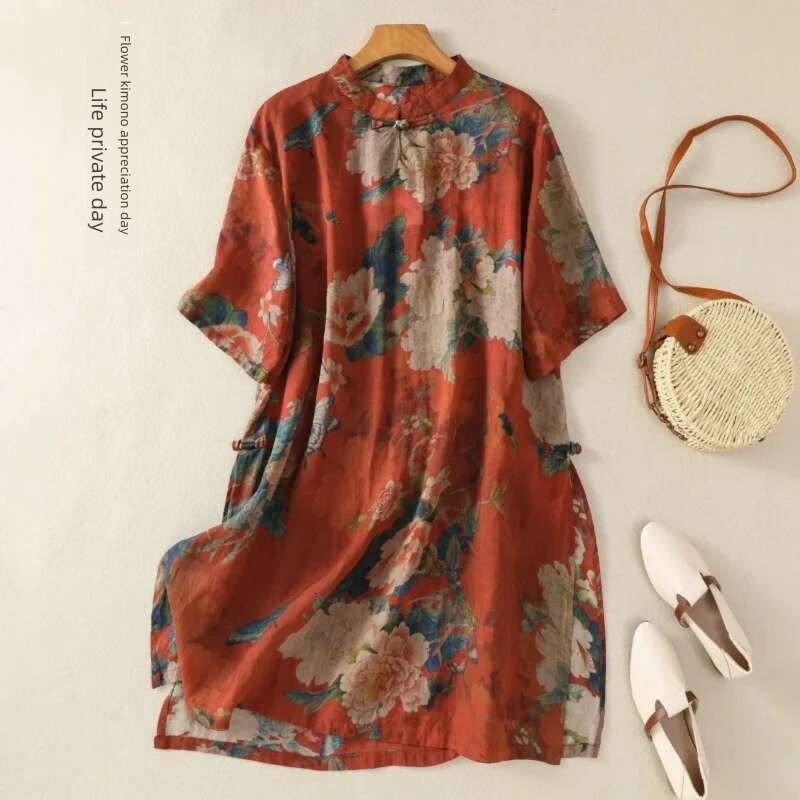 Women's Chinese Style Floral Print Linen Mandarin Collar Loose Fit Short Sleeve Midi Dress