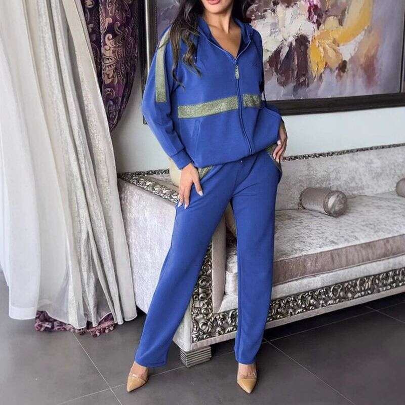 Women Sport Leisure Suit Fall Fashion Diamonds Patchwork Piece Sets Casual Zipper Hooded Sweatshirt Coat Long Pants Women Outfit Winter Sportswear Sui