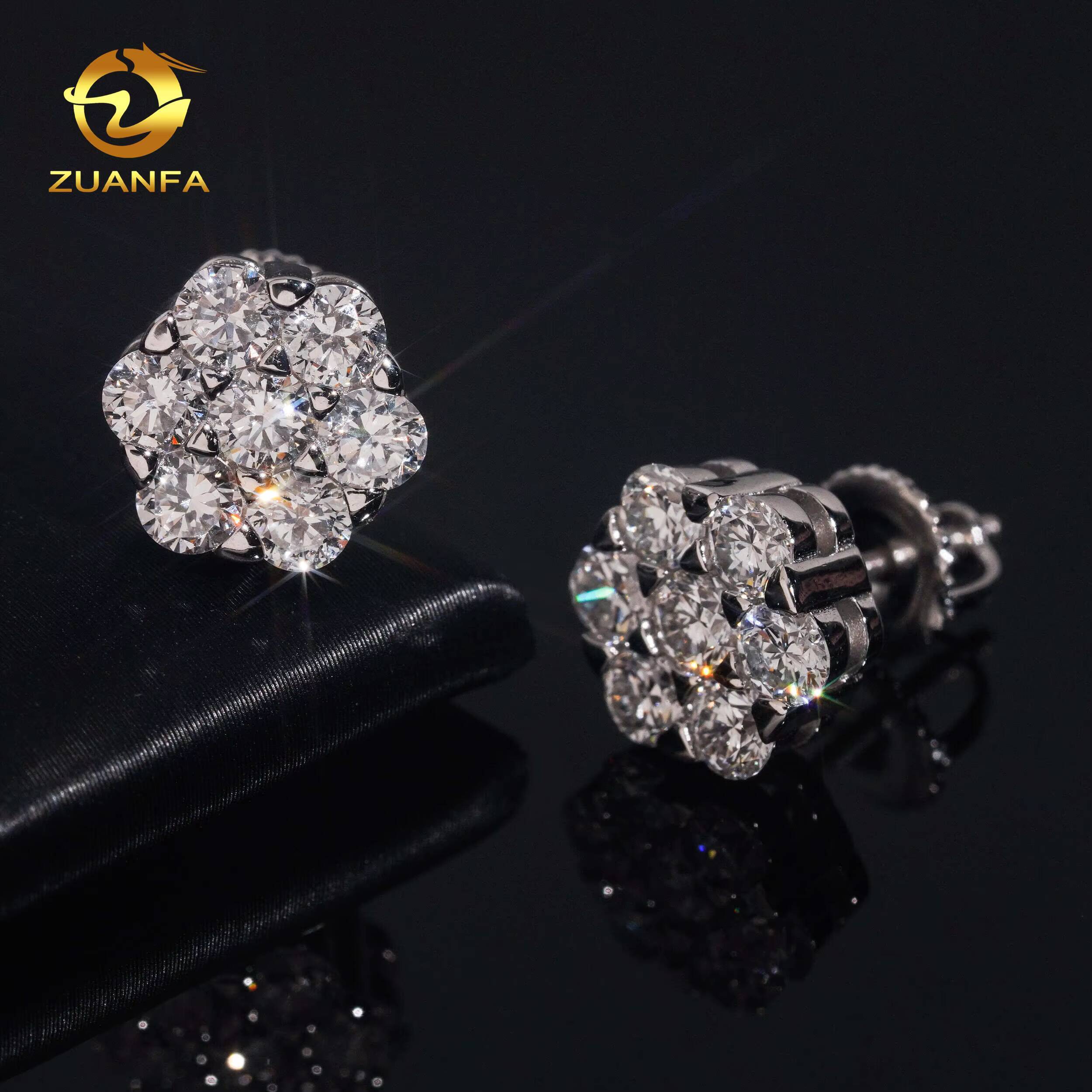 95mm Fashion Flower Earrings Cluster Lab Grown Diamond 925 Sterling Silver Iced Out Lab Diamond Screw Back Earrings