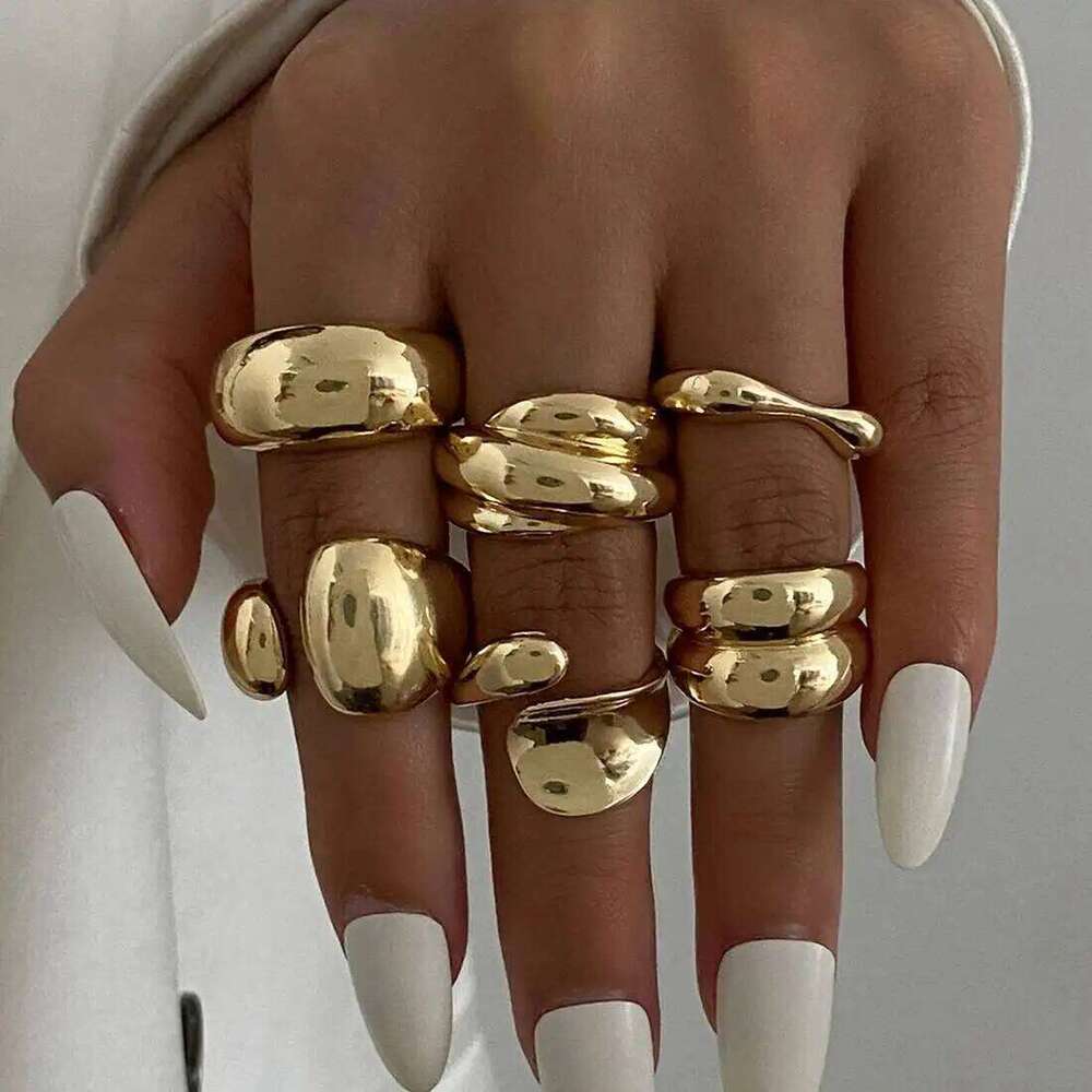 Ingemark 6Pcs/Set Classic Irregular Water Drop Open Rings for Women New Trend Punk Gold Color Geometric Ring Couple Jewelry Gift XJ260130