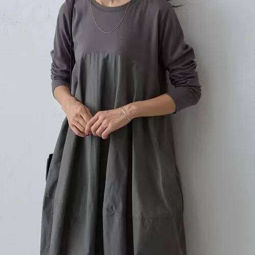 2025 Autumn and Winter New Japanese Korean Round Neck Long Sleeve Knitted Spliced long Dress XJ260130