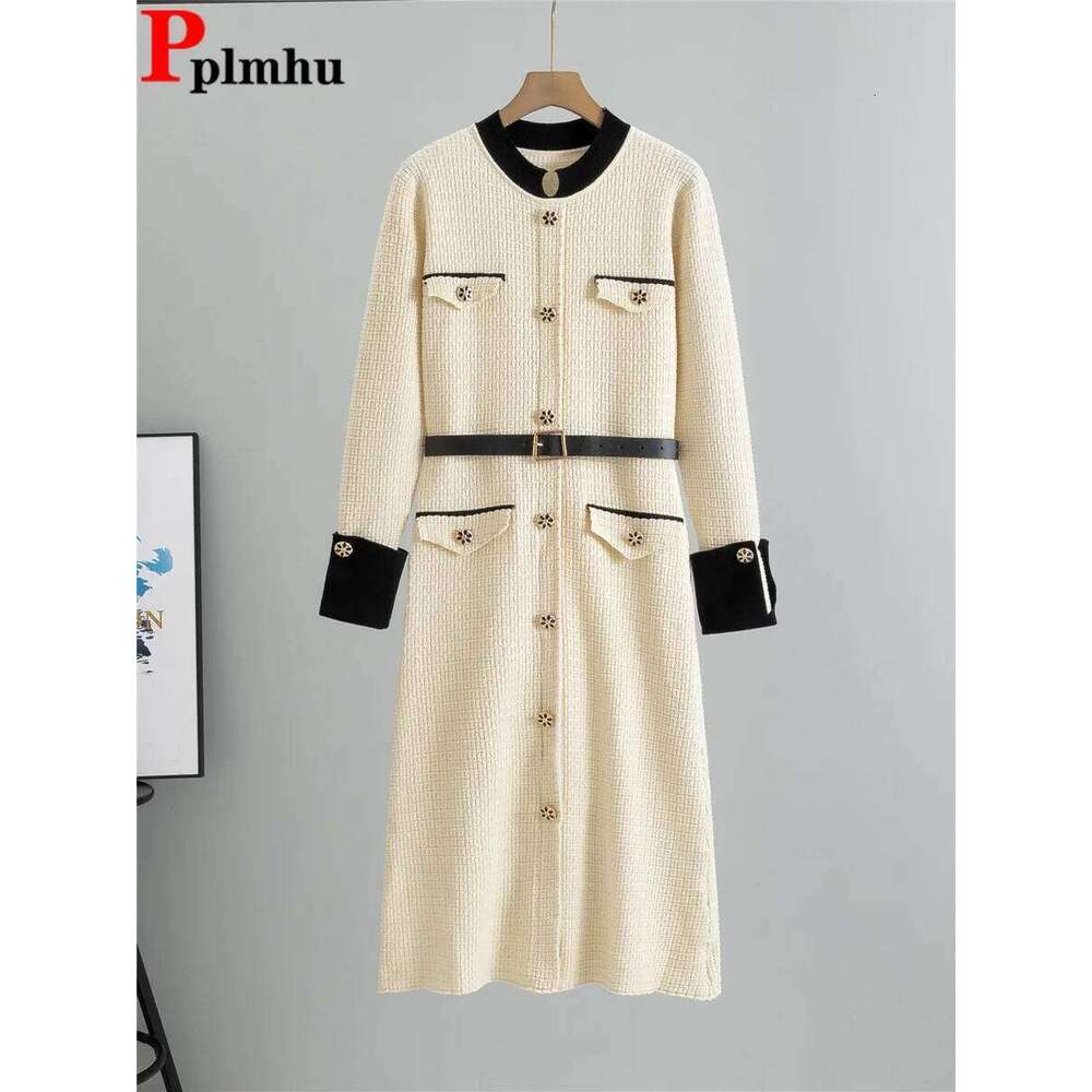 Elegant Fashion A-lined Knit Dress Women O-neck Knitwears Long Sleeve Vestidos Korean Design Slim Mid Length Dresses With Belt XJ260130