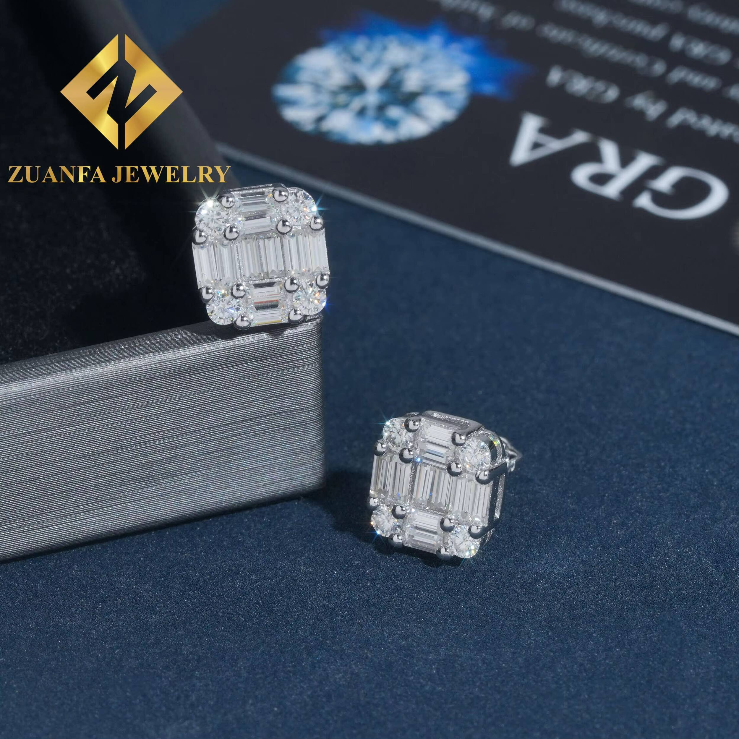Wholesale Price GRA Certificates Square Shape Stud Earring Hip Hop 925 Sterling Silver baguette Moissanite Luxury Stud Earring