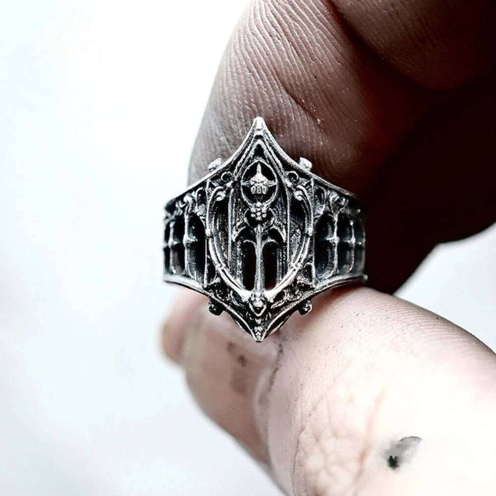 Retro Personality Ancient Silver color Hollowed-out Relief Crown Castle Rings for Women Men Halloween Fashion Gothic Jewelry XJ260130