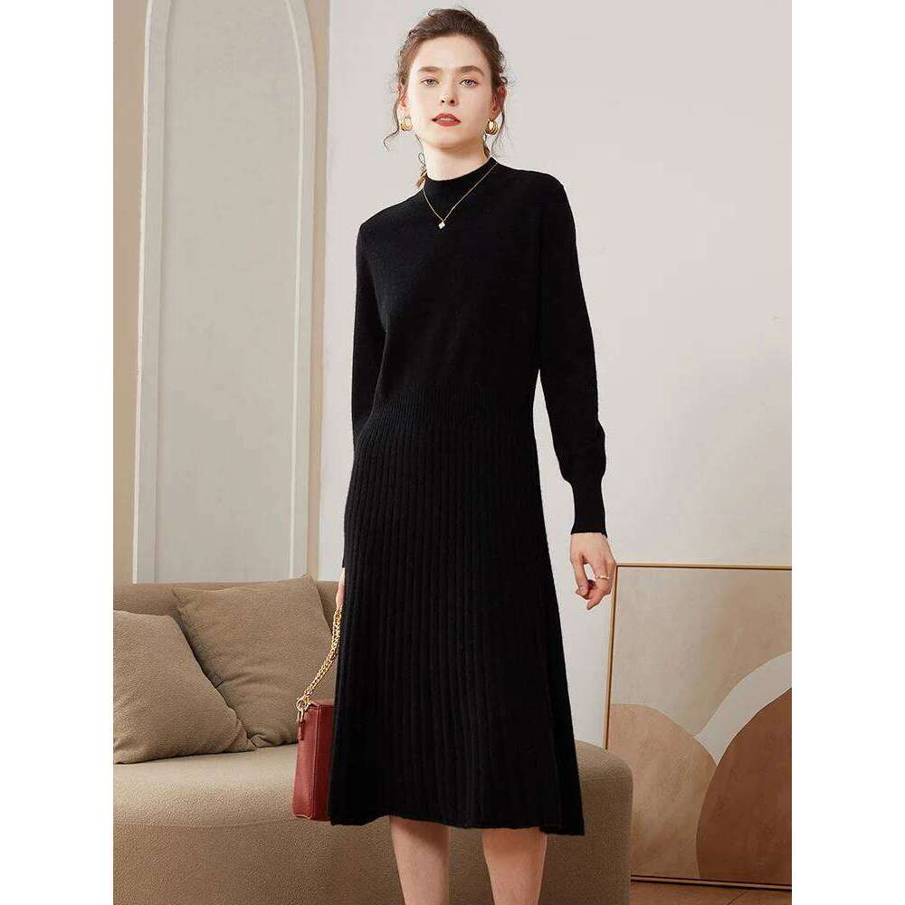 100% Pure Cashmere Pulllover Swearter Dress Women Autumn Winter Half High Collar Pleated High-end Elegant Slimming Knitted Skirt XJ260225