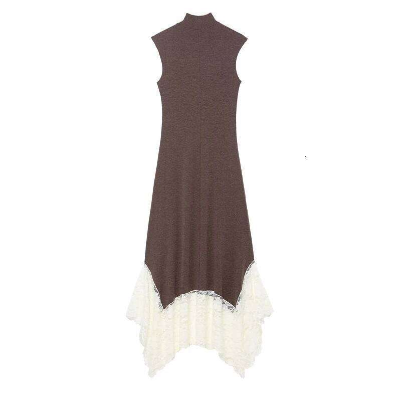 Women's Brown Mock Neck Sleeveless Maxi with White Lace Hem - Elegant Asymmetric Knit Dress for Casual & Formal XJ260130