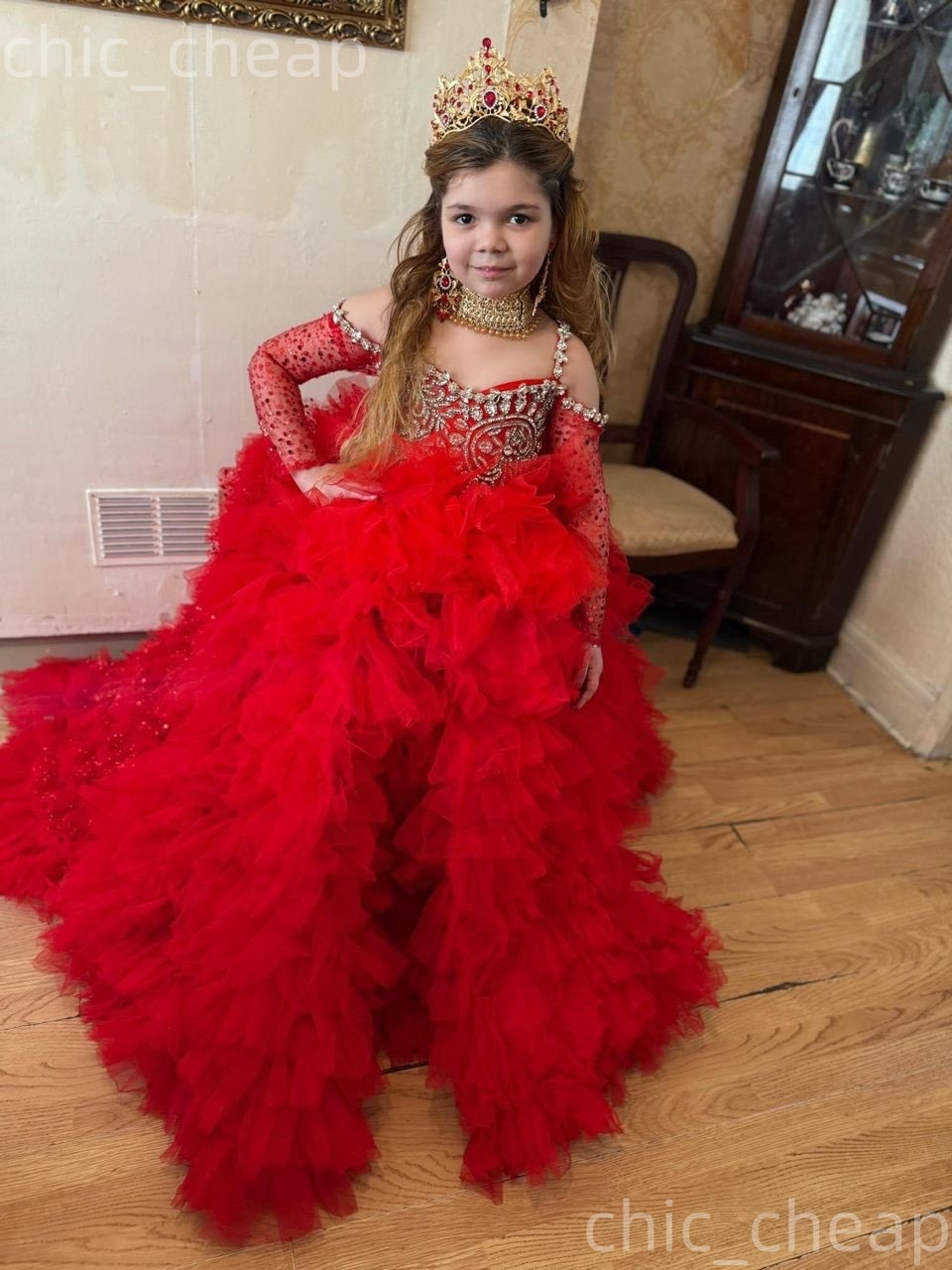 2026 Red Ball Gown Flower Girl Dresses Spaghetti Crystals Tulle Tiers Little Girl Christmas Peageant Birthday Christening Tutu Dress Gowns ZJ4279