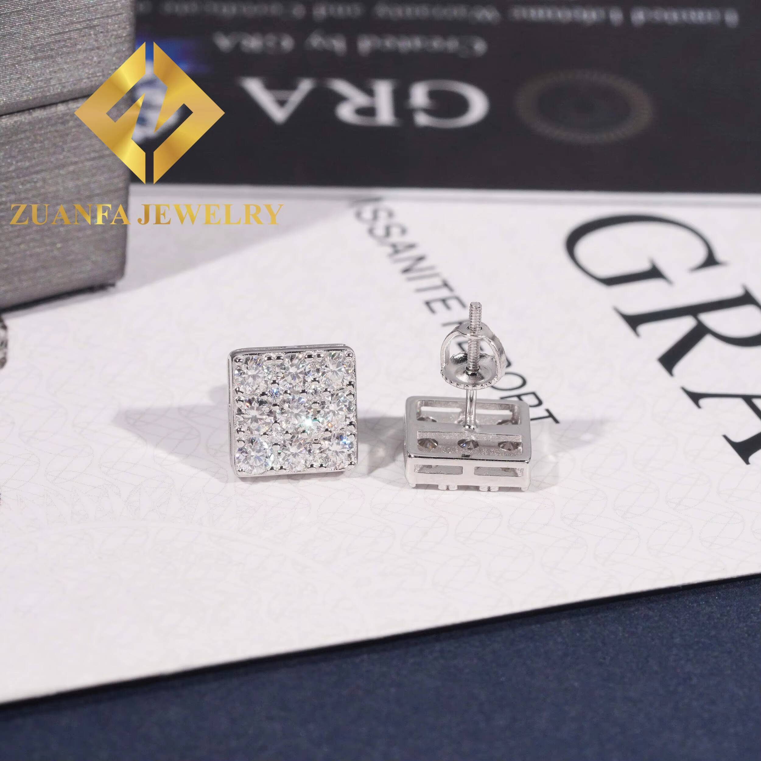 Wholesale Price Hip Hop Square Shape Stud Earring 925 Sterling Silver VVS Moissanite Stud Earring