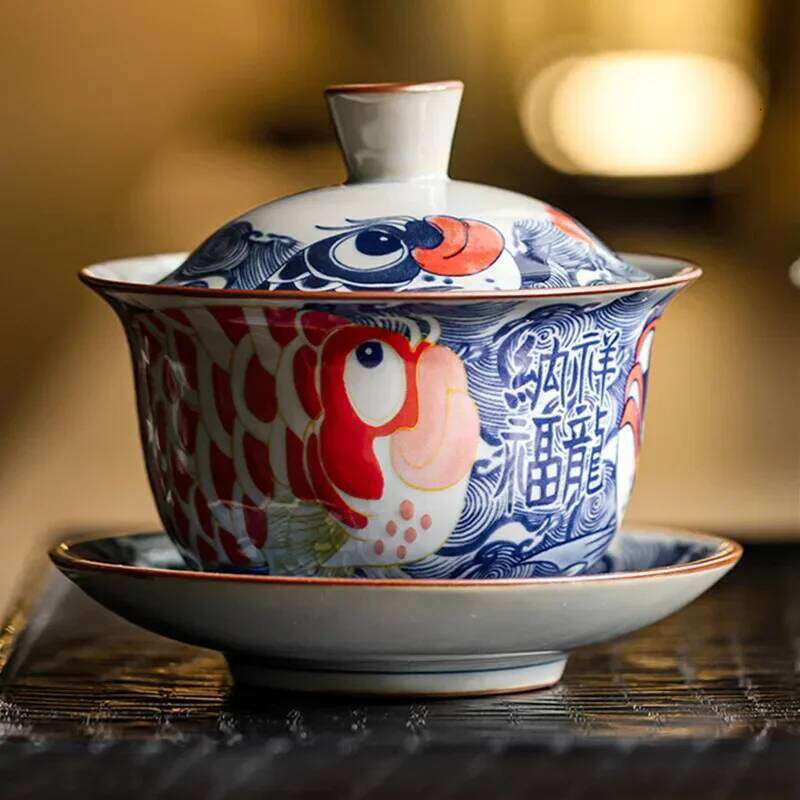 130ml Chinese Blue and White Ceramic Tureen Handmade Fish Gaiwan Beauty Infuser Teacup Household Tea Bowl Teaware