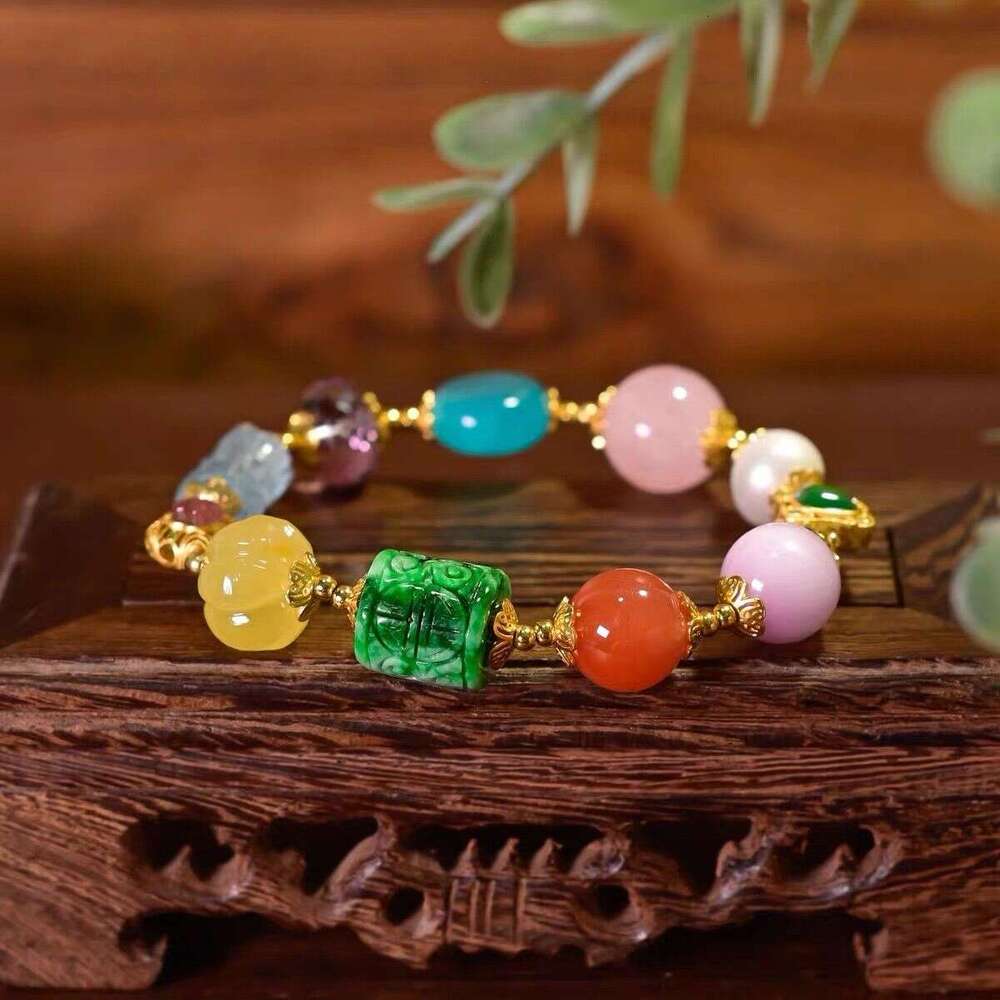 New Chinese Multi-Gemstone Handheld Jade String Natural South Red Aquamarine Sugar Cube Wealth Attraction Fortune Transfer Tang Style Original Design