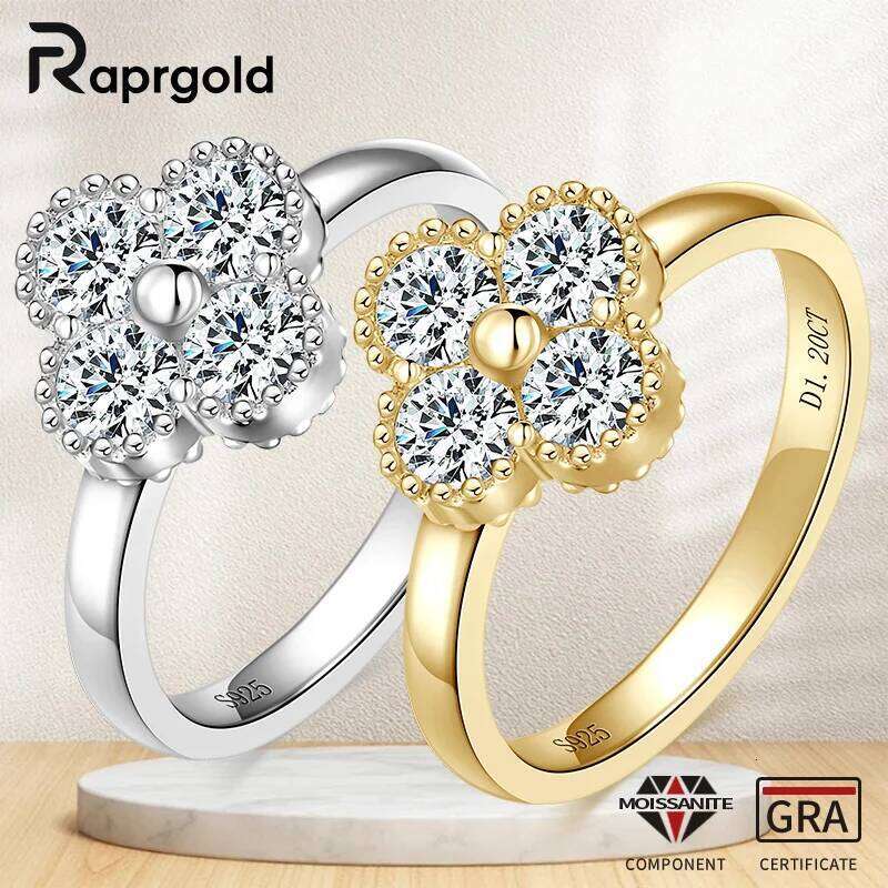 RAPRGOLD GRA Certified Round Cut Moissanite Lucky Clover Engagement Ring for Women 925 Sterling Silver Wedding Fine Jewelry Gift XJ260130