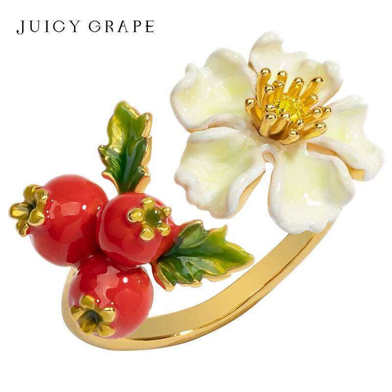 Luxury Enamel Rings for Women Hawthorn Flower and Fruit Adjustable Ring Handcrafted 18K Gold Plated 2024 Trend Jewelry XJ260130