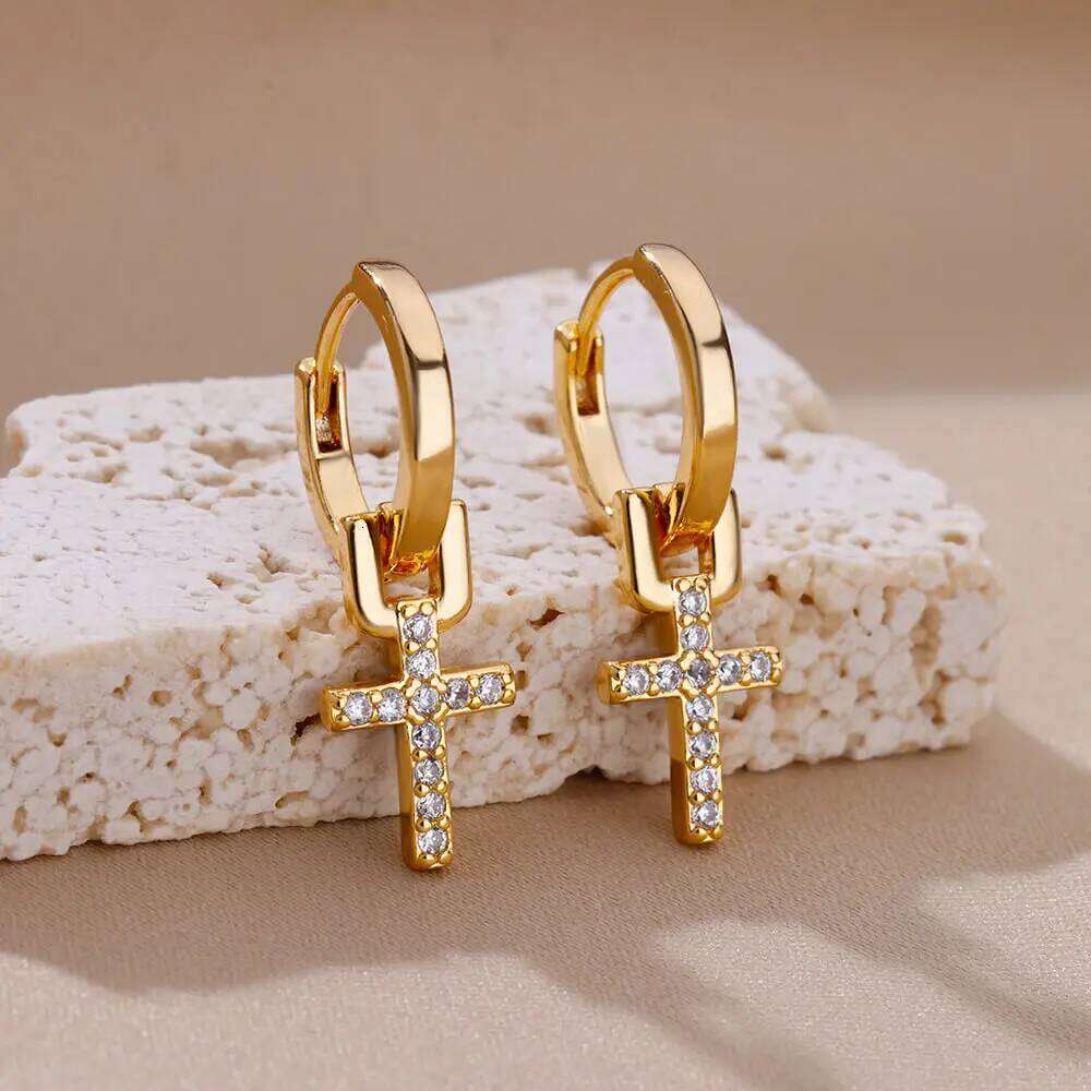Zircon Dangle Earrings For Women Girls Stainless Steel Cross Earring 2023 Trending Couple Wedding Aesthetic Jewelry aretes
