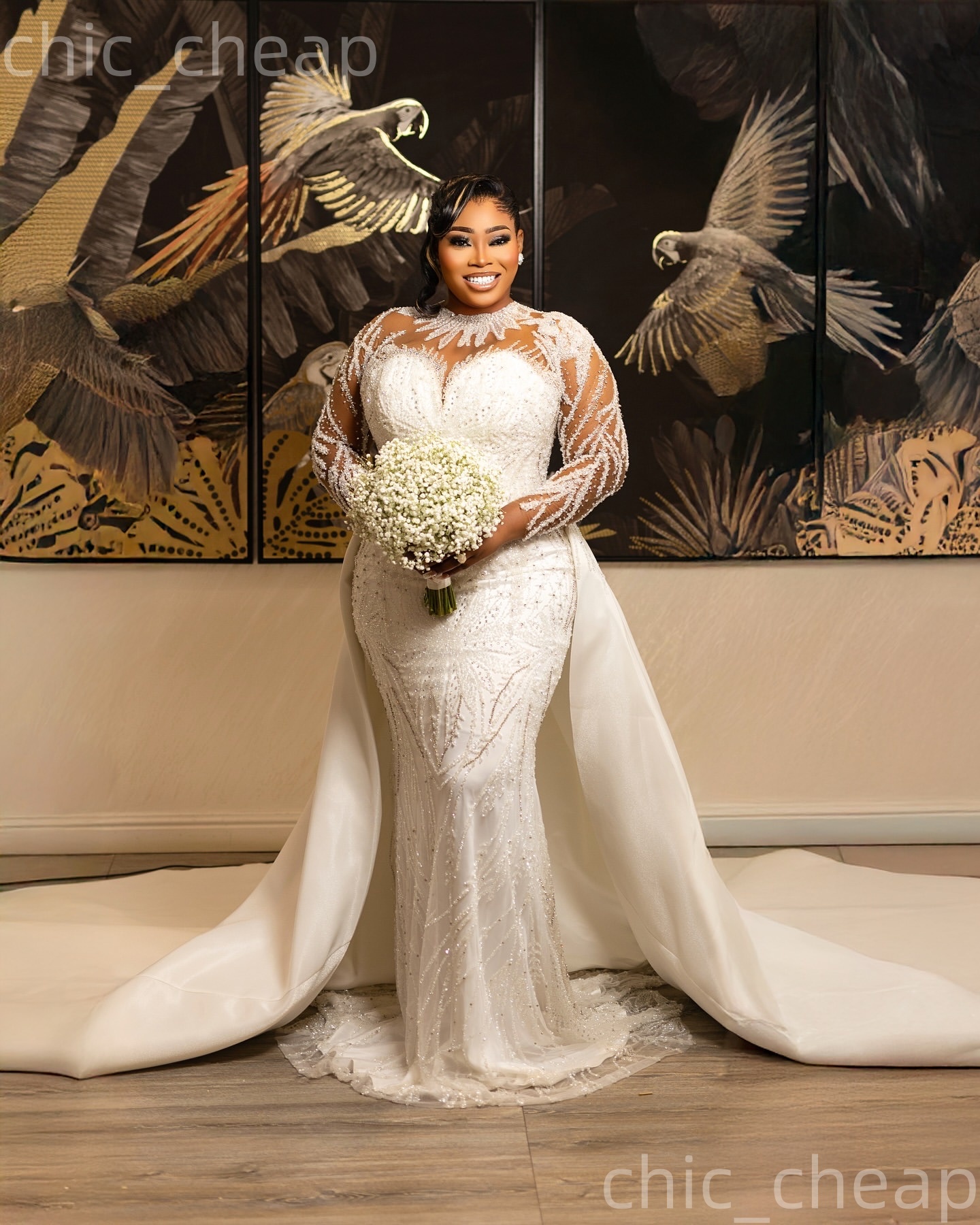 African Aso Ebi 2026 Ivory Mermaid Wedding Dress Crystals Beaded Sequined Lace Full Sleeves Detachable Train Vintage Bridal Gowns Dresses ZJ234