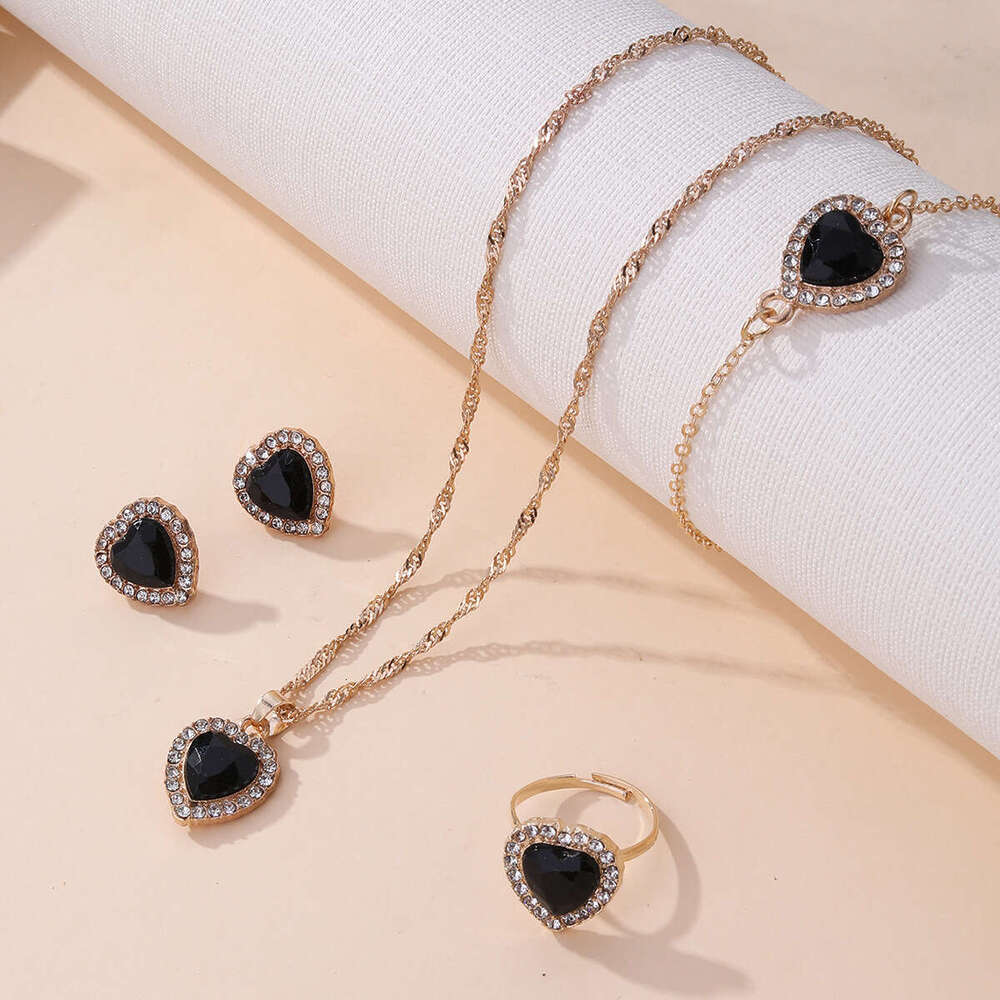 jewelry woman designer European and American Heart Jewelry Set Cross-Border Fashion Inlaid Heart-Shaped Zircon Pendant Necklace Bracelet Earrings Ring