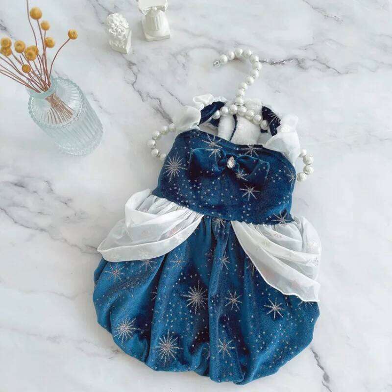 Ins Deep Blue Starry Autumn/Winter Warm Cat Clothes Velvet Princess Thick Dog Skirt Puppy Dresses Pet Clothing H260129