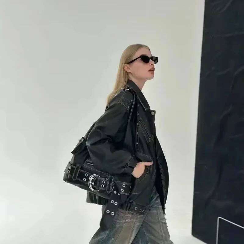 Belt buckle Women Luxury Handbag And Purses PU Rivet Multiple Pockets Y2K Large Capacity Shoulder bags big totes Z260130