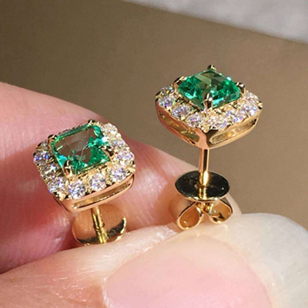 Huitan Eternity Green CZ Stud for Women Gold Color Luxury Bride Wedding Earrings Elegant Ear Accessories Party Jewelry