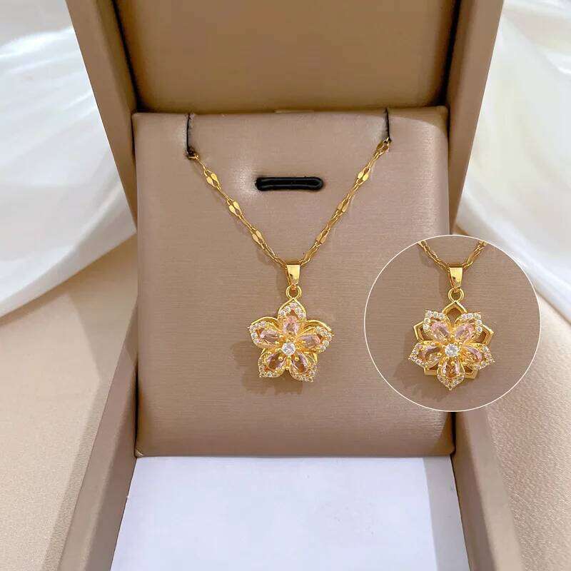 Creative Pink Flower Necklace For Women Titanium Steel Rotatable Spinner Clavicle Choker Anti Stress Anxiety Jewelry