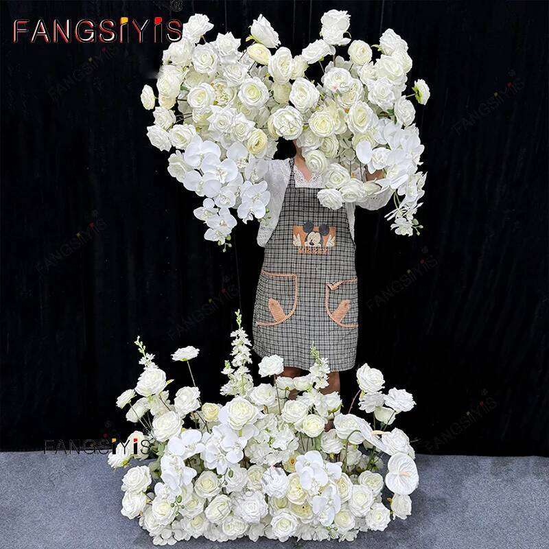 Luxury White Rose Hydrangea Leaf Wedding Arch Floral Arrangement Table Centerpieces Runner Flower Row Event Party Supplie W260130