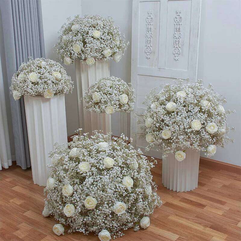 40/50/60/70/80cm White Baby Breath Rose Artificial Flower Ball Wedding Table Centerpiece Deco Gypsophila Floral Event Party Prop Y260130