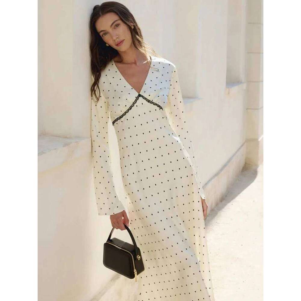 JULISSA MO Sexy V-neck Printed Polka Dot Women Maxi Coffee Long Sleeve Patchwork Lace Dress Autumn Slim Elegant Streetwear XJ260130