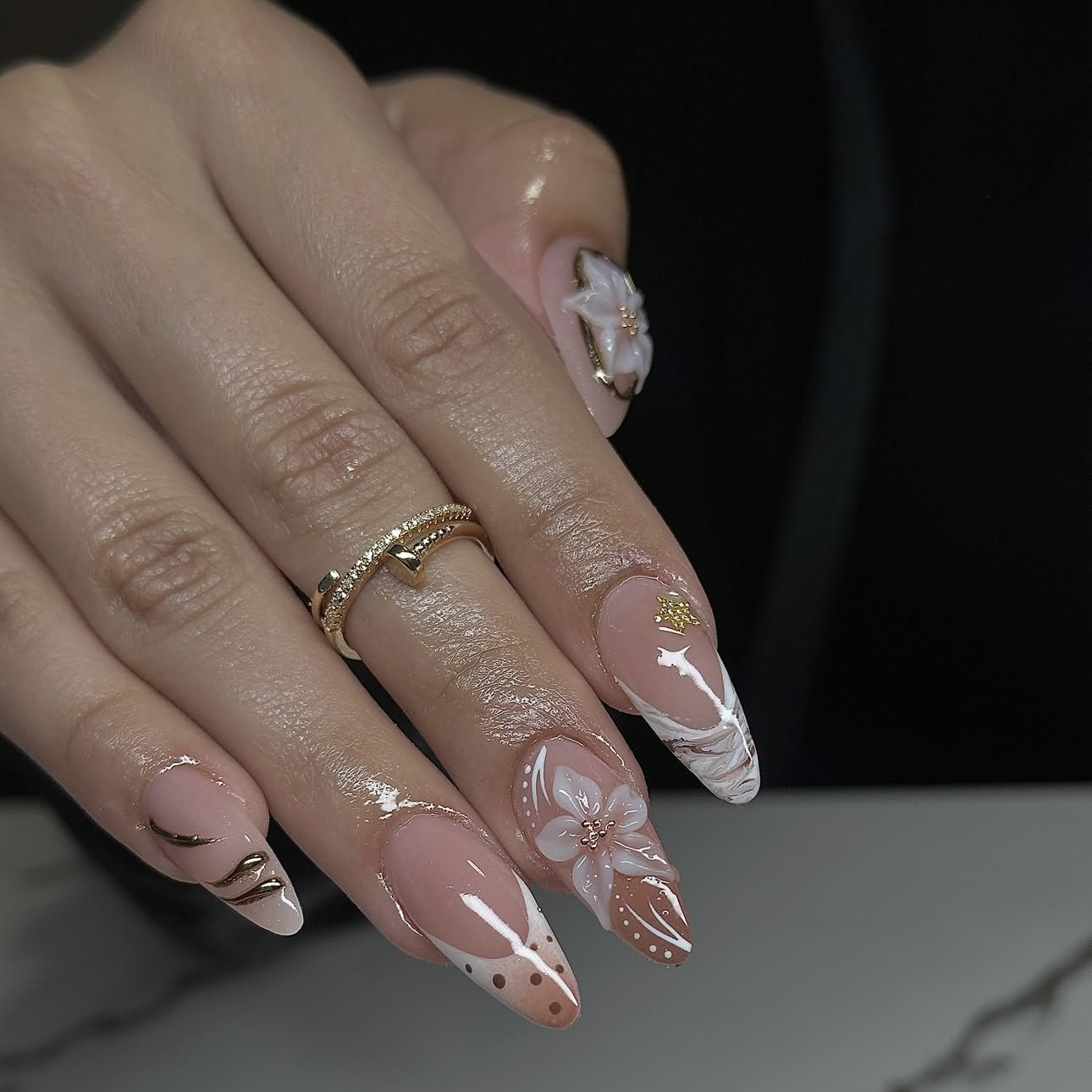 European and American Cross-Border Nails French Polka Dot Marble Pattern Handmade Gold-Plated 3D Carved Nail Art Finished Wearable