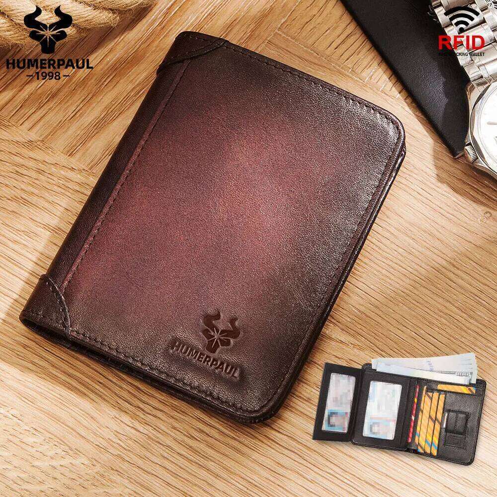 HUMERPAUL Classic Style Wallet for Men Genuine Cowhide Leather RFID Short Trifold Purse with ID Window and Credit Card Holder Z260130