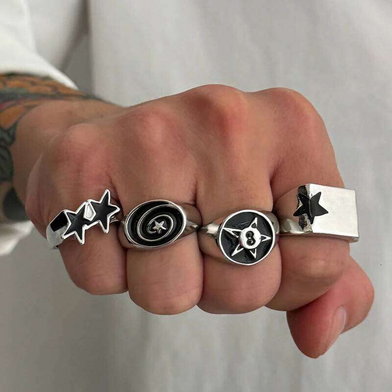 4 Pcs Punk Black Star Rings Set for Women Men Fashion HipHop Silver Color Geometric Thick Finger Ring Y2K Unisex Jewelry Gifts XJ260130