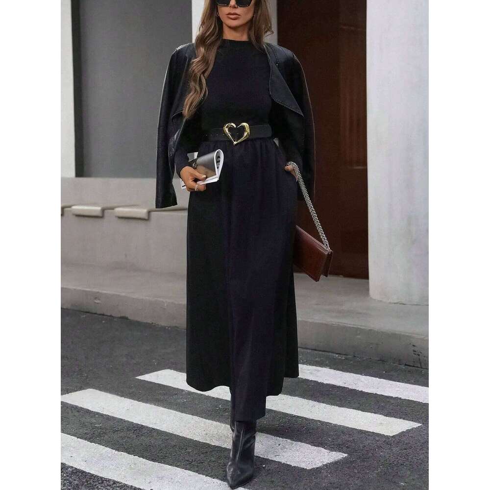 Women's Black Mock Neck Long Sleeve Maxi Dress High Waisted Flowy Skirt Slim Fit Elegant Casual Daily Office Date Wear XJ260130