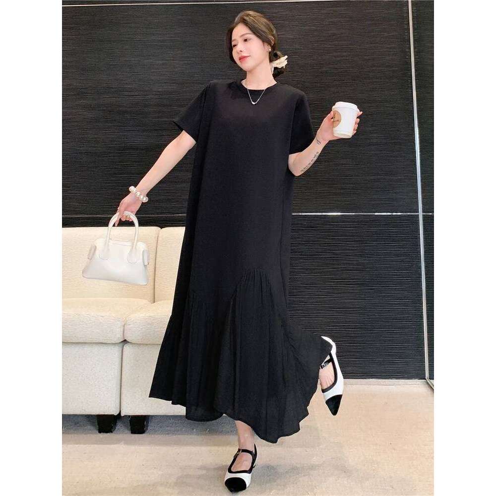 NYFS 2025 Summer New Korea Irregular Woman Vestidos Robe Elbise Loose Plus Size Patchwork Short Sleeve Long Dress XJ260130