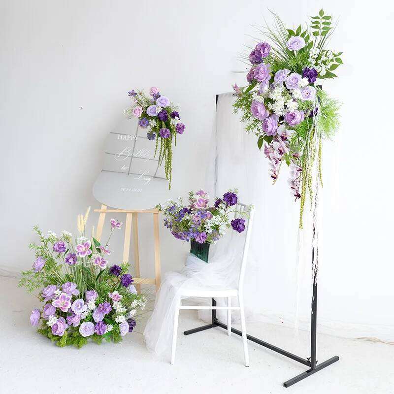 Purple Rose Hydrangea Wedding Backdrop Arch Hanging Birthday Party Stage Floral Arrangement Floor Flower Row W260130